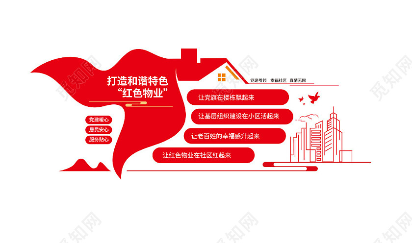 红色物业党建引领文化墙物业党建文化墙3D文化墙