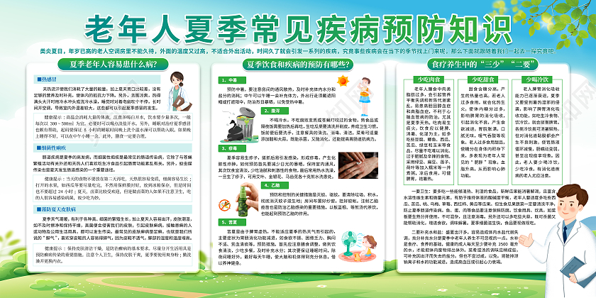 绿色清新老年人夏季常见疾病预防知识宣传展板