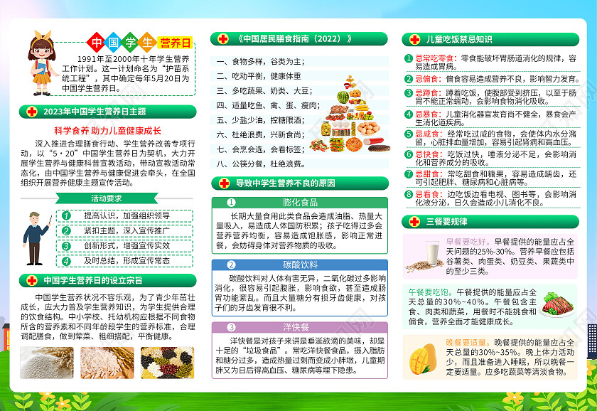 蓝色水彩风格2023中国学生营养日三折页