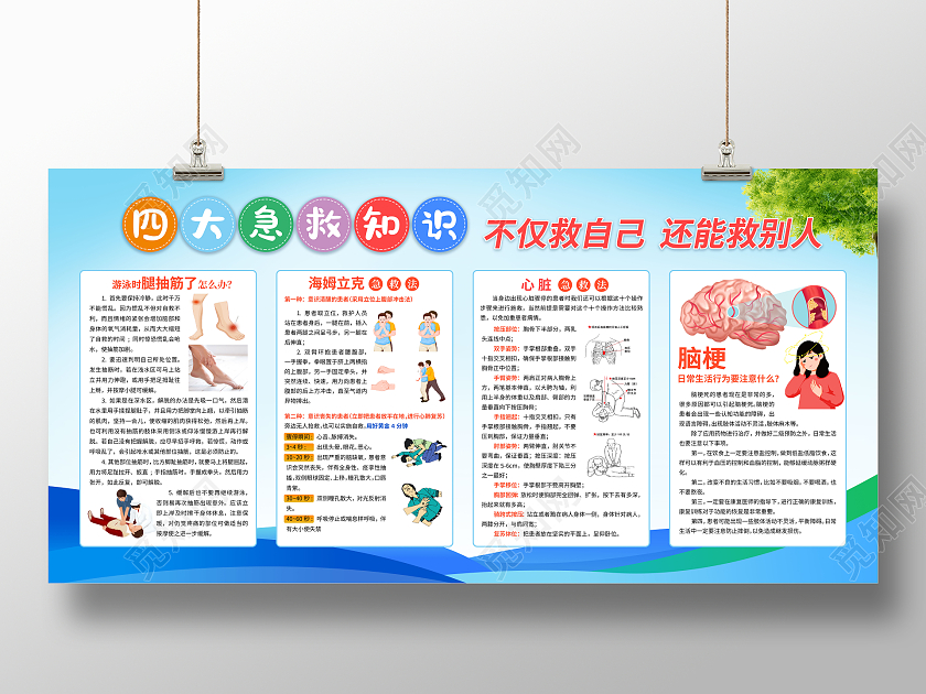 蓝色卡通四大急救知识不仅救自己还能救别人宣传栏