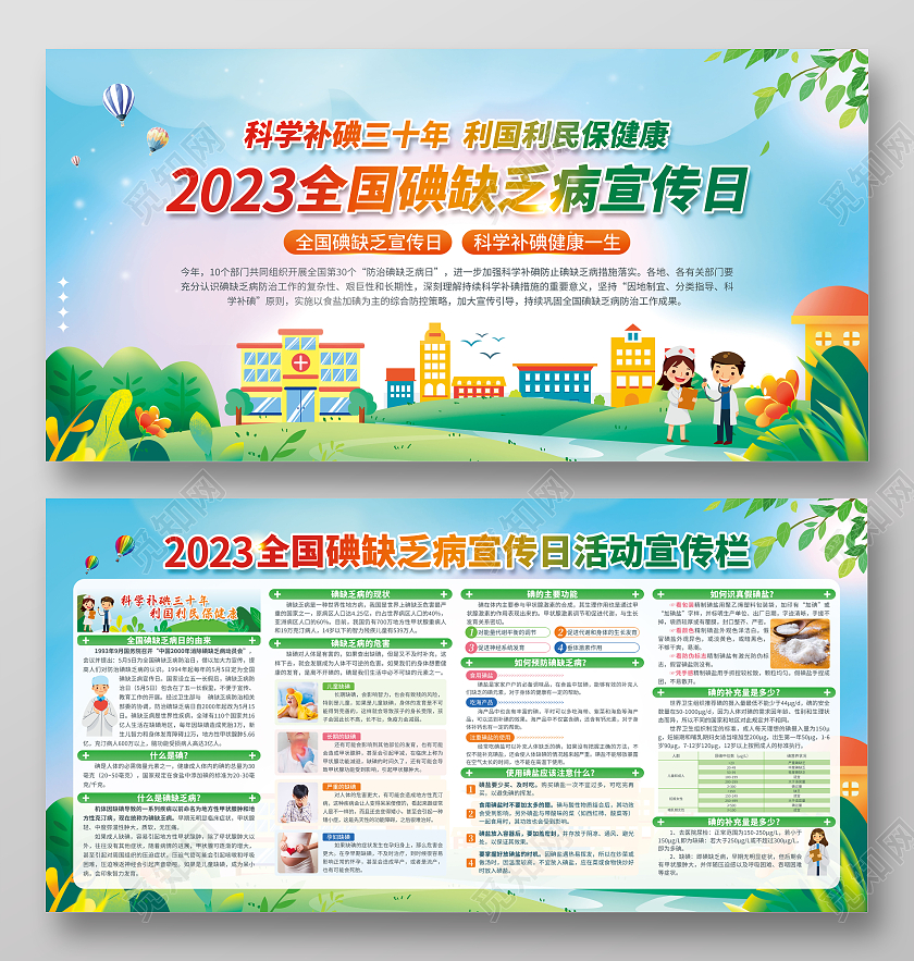 蓝色清新插画全国防治碘缺乏病宣传日活动宣传栏