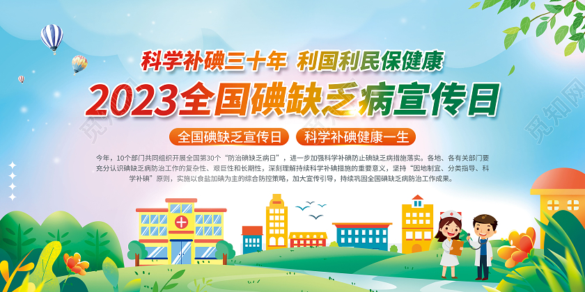 蓝色清新插画全国防治碘缺乏病宣传日活动宣传栏
