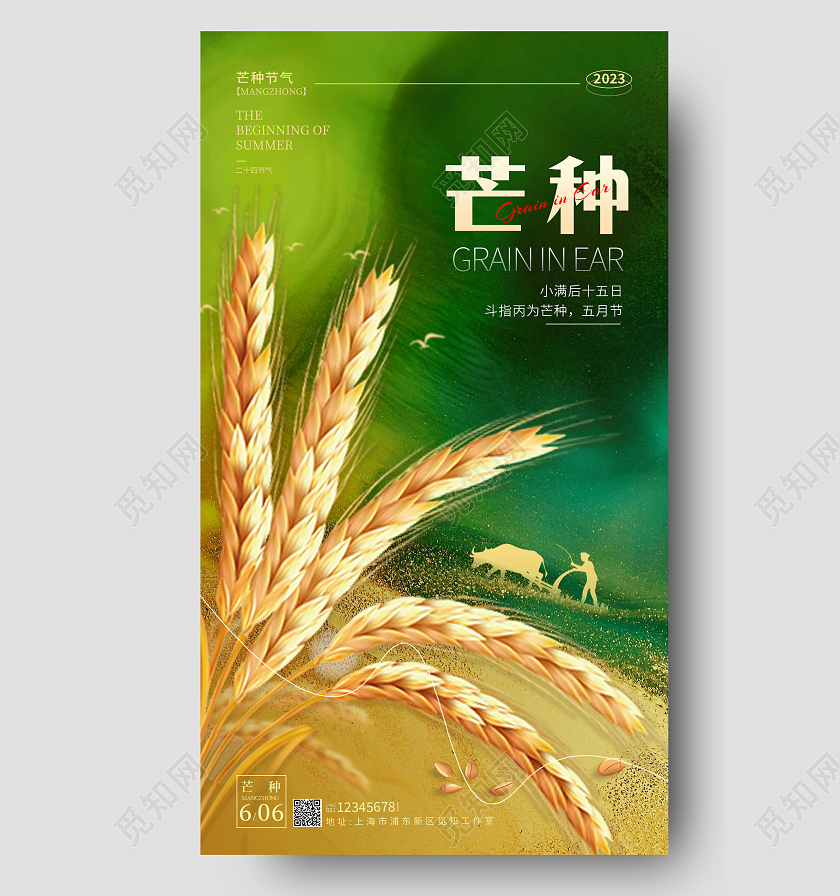 绿色抽象合成风节气芒种节气手机海报