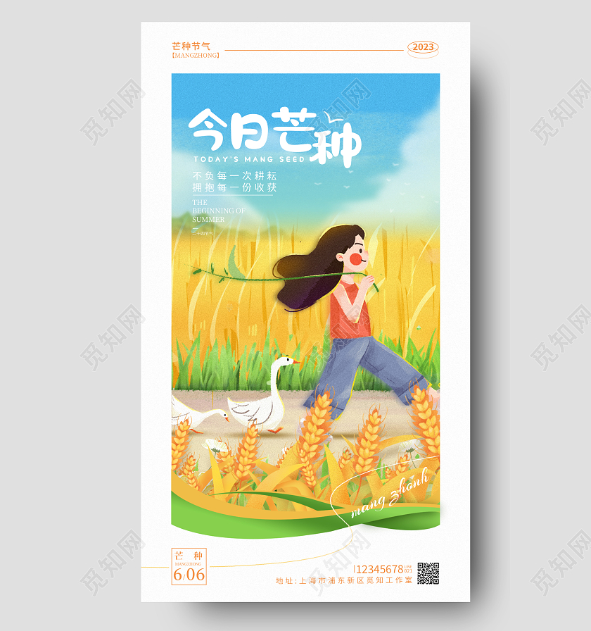 渐变色插画风格今日芒种节气手机海报