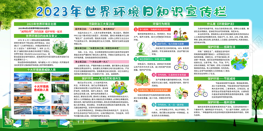 2023蓝色清新世界环境日减塑捡塑节约资源爱护环境世界环境日宣传栏