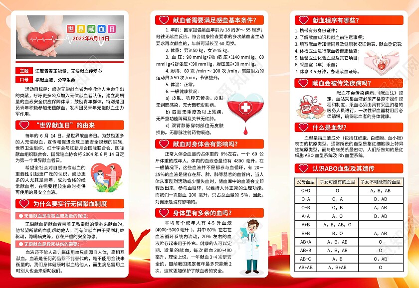 2023年蓝色清新世界献血者日无偿献血奉献爱心三折页世界献血日