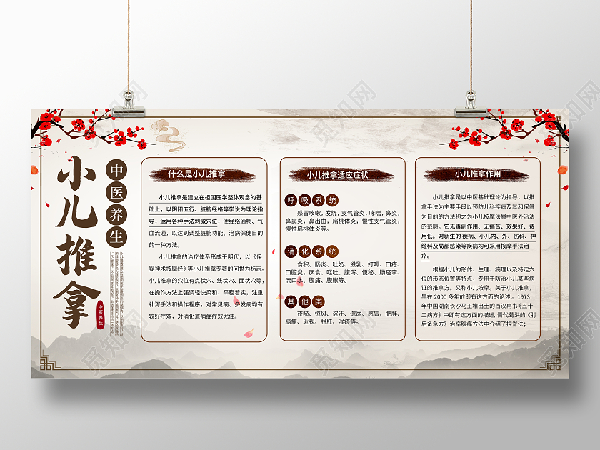 复古中医养生小儿中医推拿背景墙展板