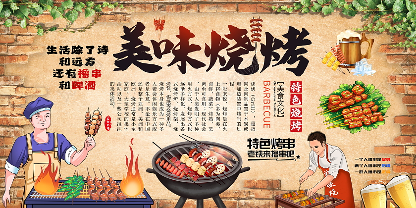 复古大气美味烧烤美食背景墙宣传展板