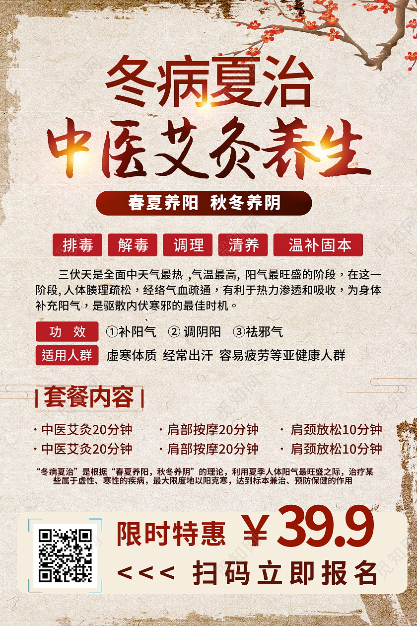 复古大气中医冬病夏治艾灸养生宣传海报设计中医养生