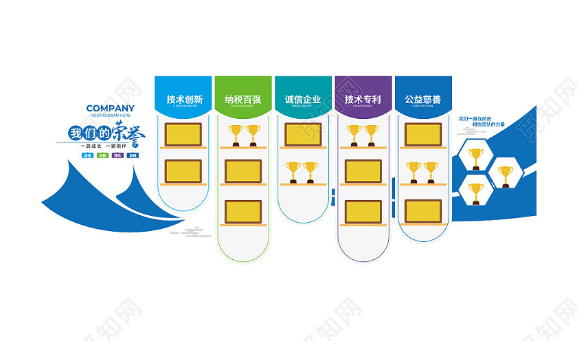 企业荣誉墙公司蓝色荣誉展厅文化墙3D文化墙