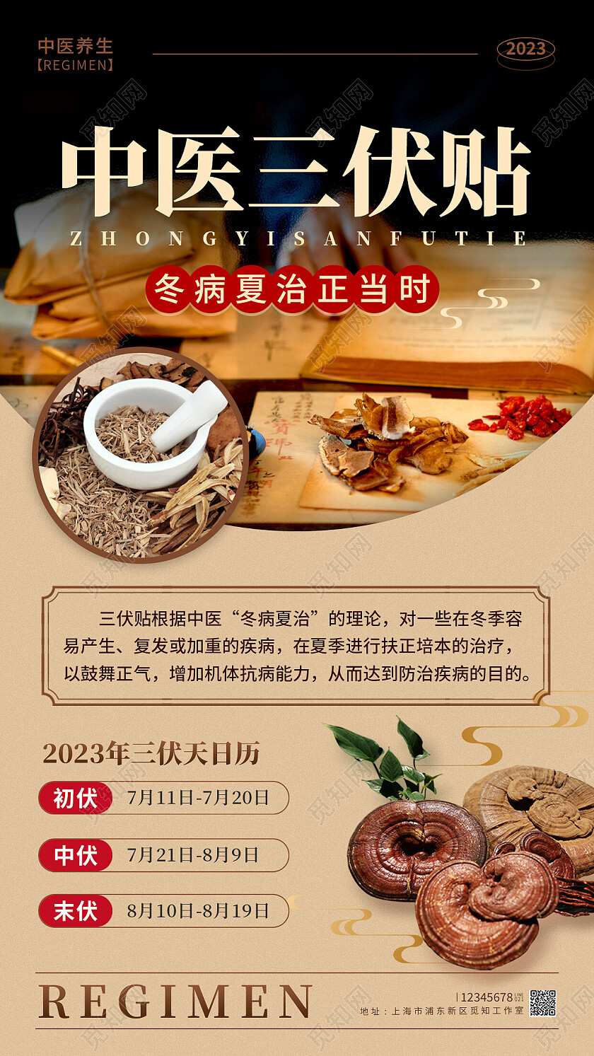 卡其色摄影实拍风三伏贴中医促销文案海报中医促销手机文案海报