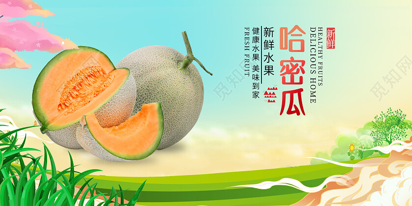 蓝色小清新哈密瓜双面展板绿色植物祥云