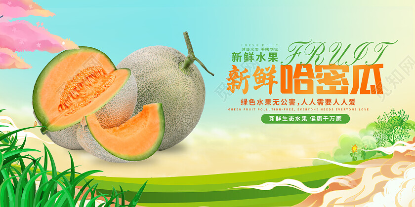 蓝色小清新哈密瓜双面展板绿色植物祥云