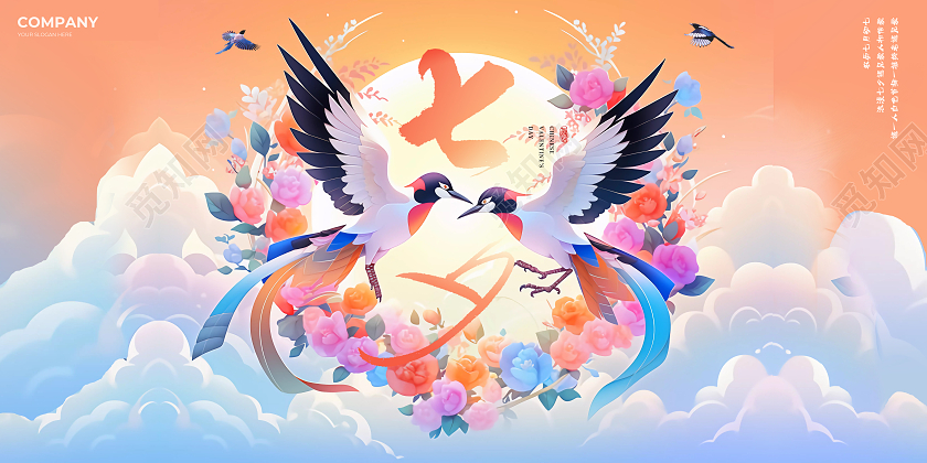 七夕喜鹊古装甜蜜唯美风格展板AI