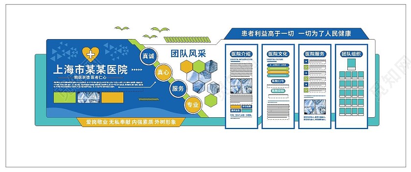 蓝绿色医院文化墙医疗医护团队文化墙3D文化墙