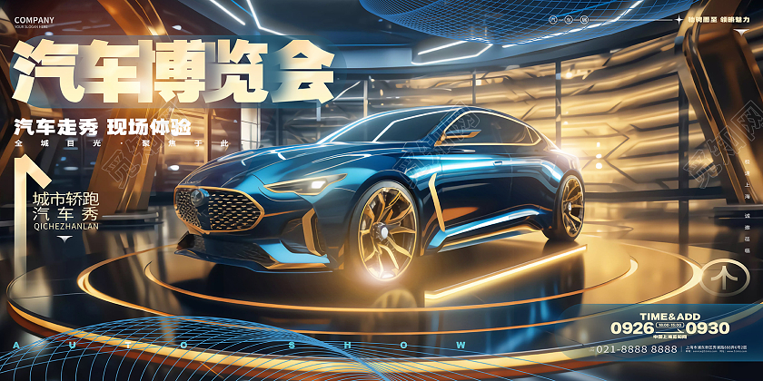 创意科技风汽车博览会车展展板设计AI