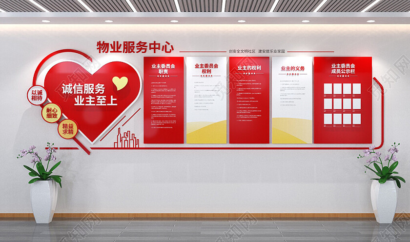 红色物业标语文化墙社区物业文化墙3D文化墙