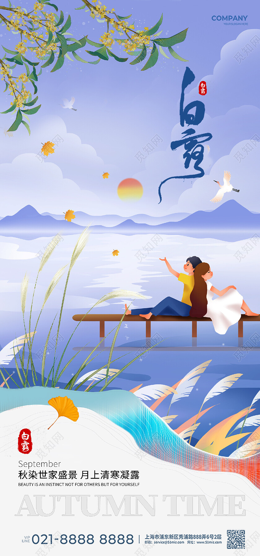 白露秋天芦苇版式简约插画田园书法字海报白露节气