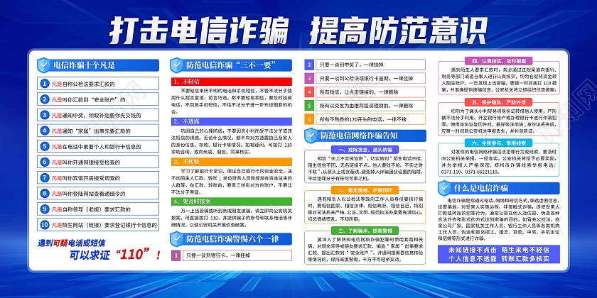 蓝色打击电信诈骗提高防范意识电信诈骗宣传展板