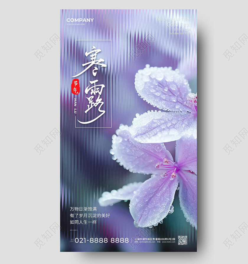 紫色简约长虹玻璃寒露手机宣传海报24节气