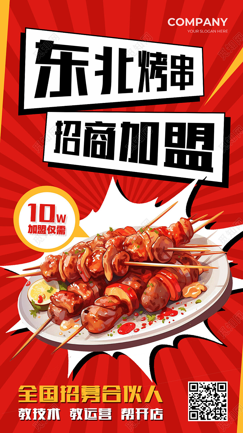 红色简约东北烤串招商加盟美食招商文案海报