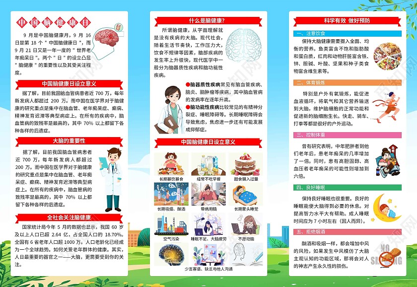 2023年蓝色清新中国脑健康日携手同行共促脑健康三折页脑健康月916