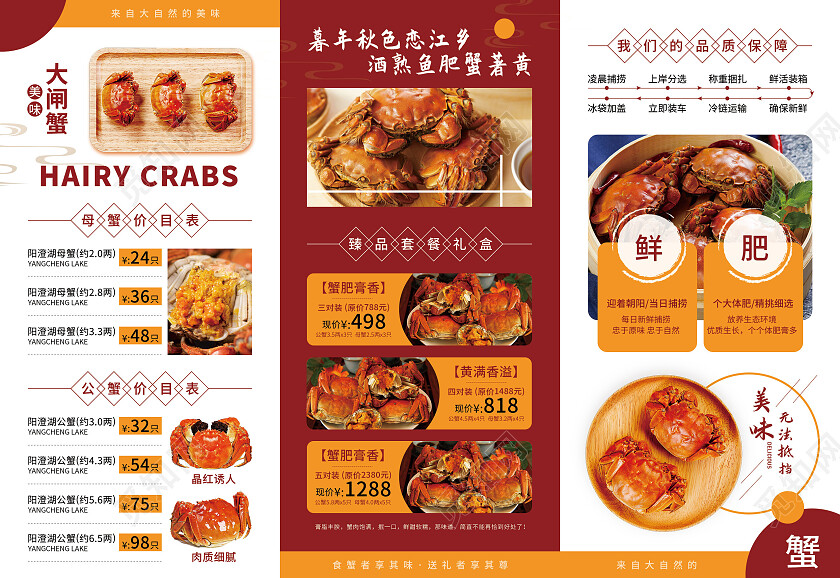 红色大气现代简约风格中秋节阳澄湖大闸蟹三折页大闸蟹折页