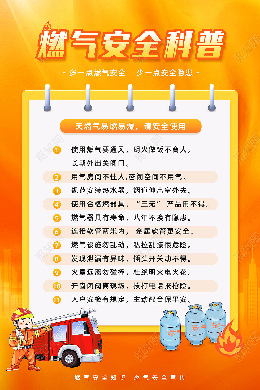 橘色卡通燃气安全文案海报