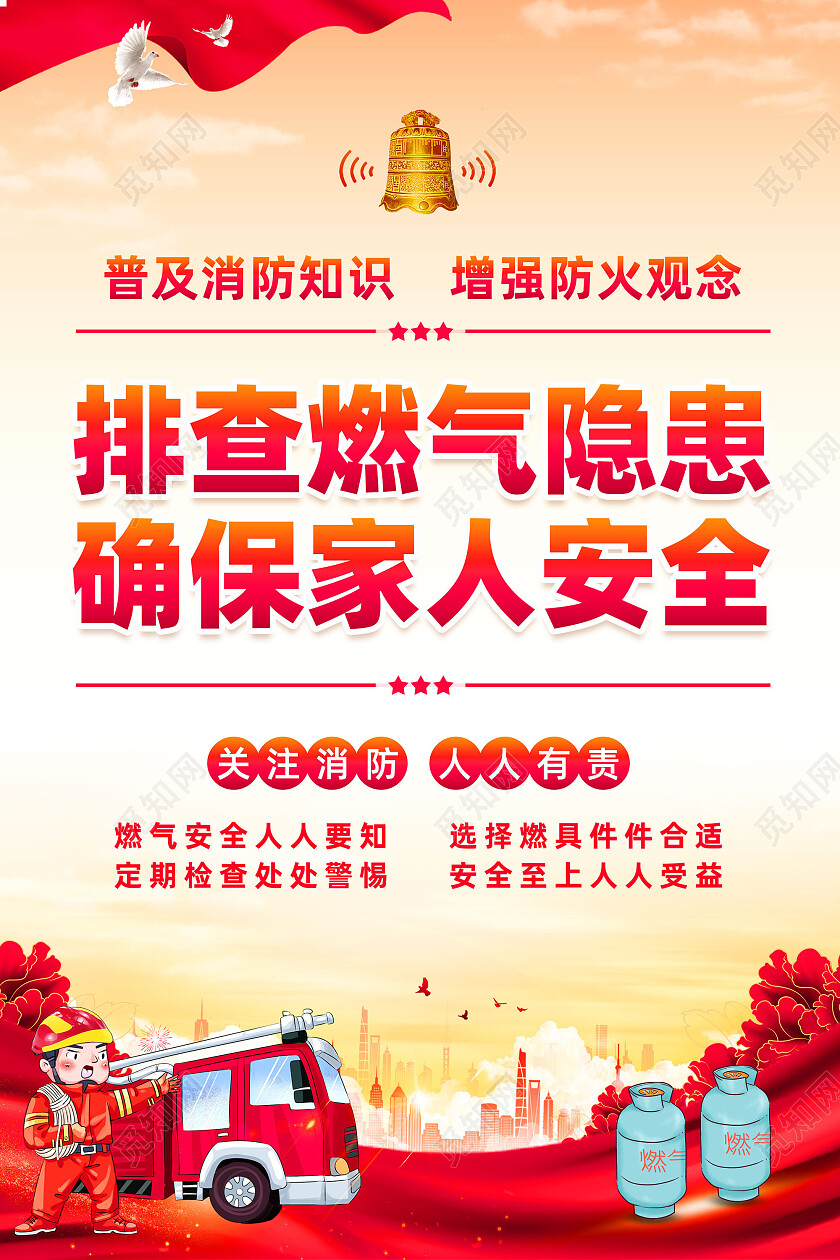 红色水彩排查燃气隐患确保家人安全燃气安全文案海报