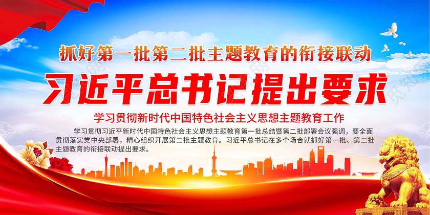 蓝色简约主题教育第一批总结暨第二批部署展板