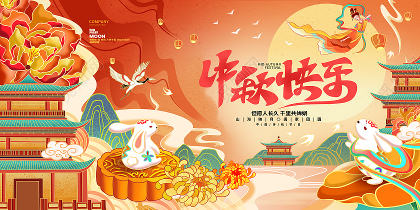 国潮风中秋快乐中秋节创意展板AI