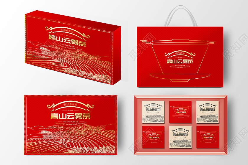 红色茶叶礼盒茶叶包装红色手绘国潮金礼盒手绘茶包装