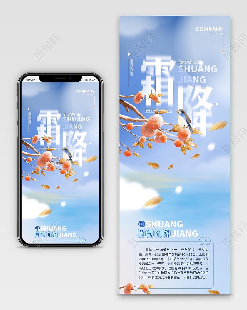 蓝色唯美霜降节气手机长图海报