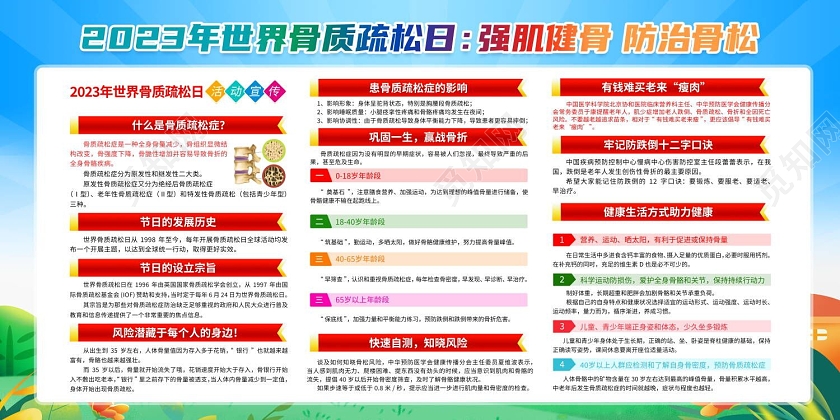 蓝色卡通骨质疏松日宣传栏展板设计重阳节