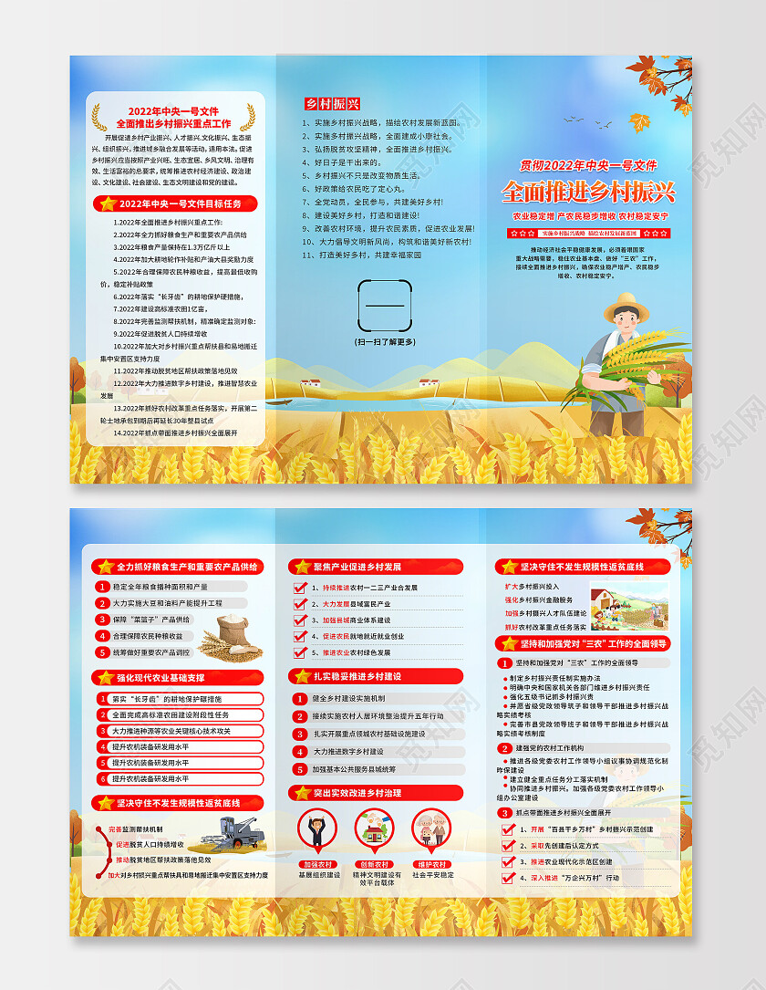 蓝色卡通插画风格乡村振兴促进法宣传三折页