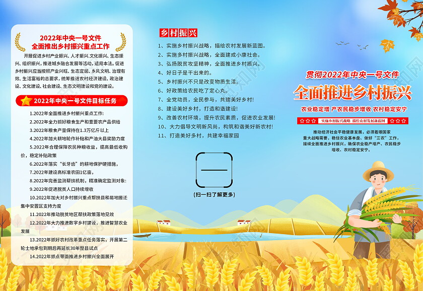 蓝色卡通插画风格乡村振兴促进法宣传三折页