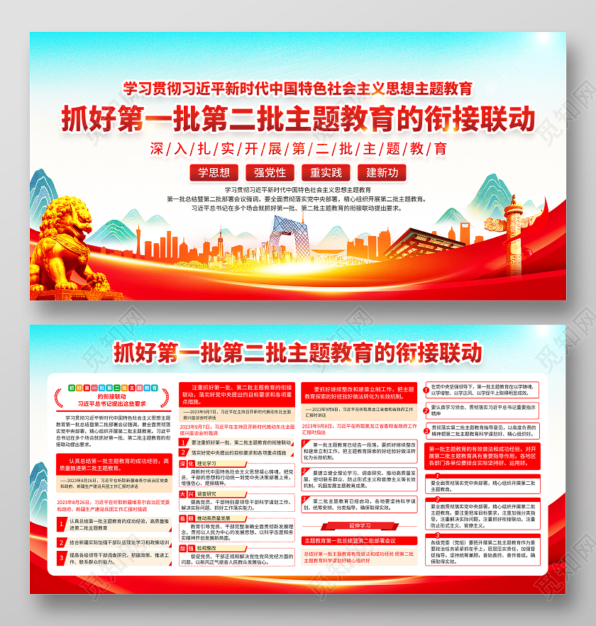 蓝色国潮党建风格第二批主题教育宣传栏