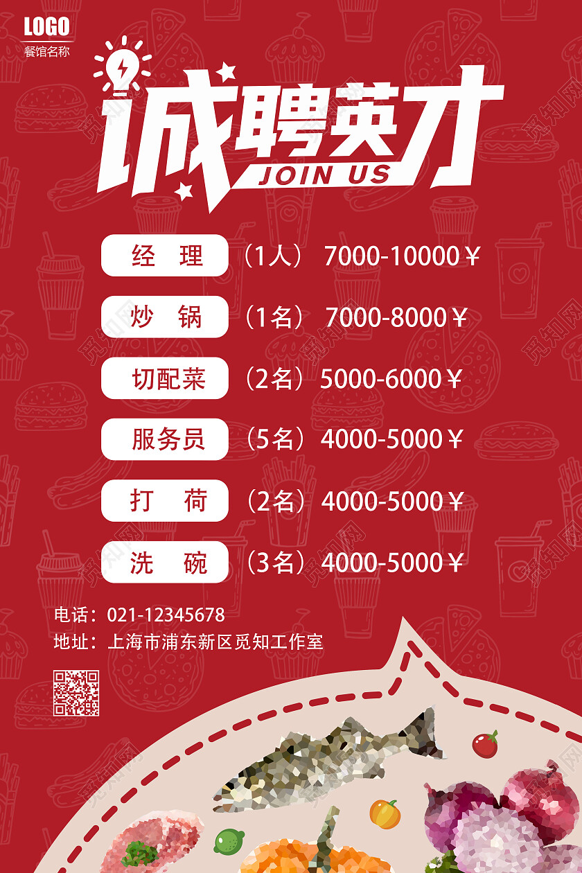 红色系拼接效果厨师餐饮招聘海报商业用途