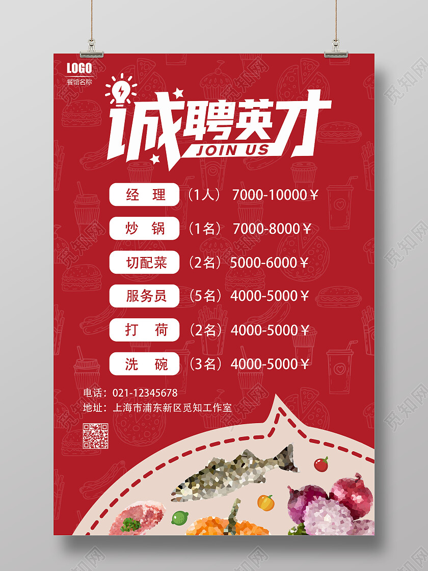 红色系拼接效果厨师餐饮招聘海报商业用途
