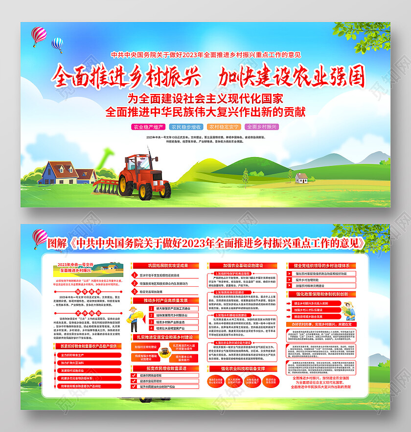 绿色卡通全面推进乡村振兴加快建设农业强国党建展板党政党建