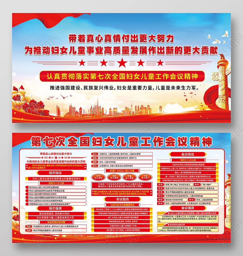 红色大气第七次全国妇女儿童工作会议精神党建展板党政党建
