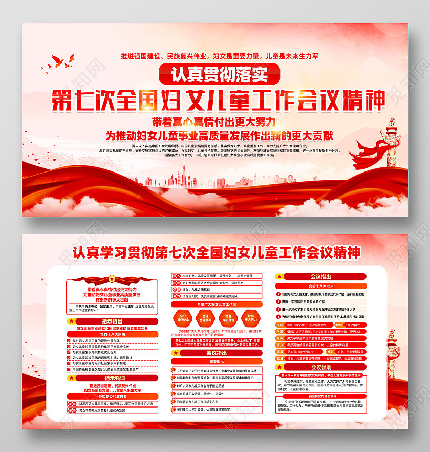 红色大气第七次全国妇女儿童工作会议精神党建展板党政党建
