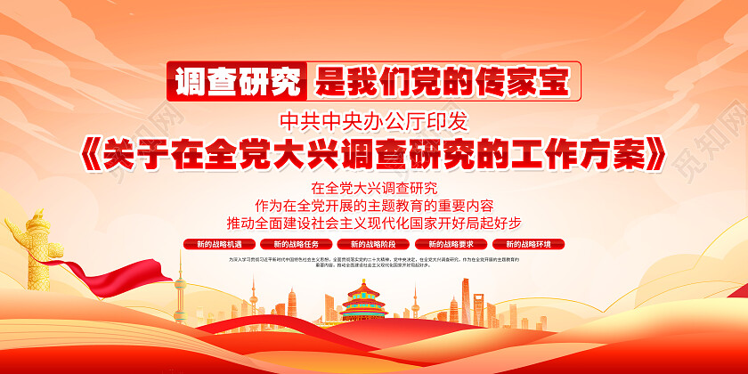 红色大气认真贯彻落实关于在全党大兴调查研究的工作方案党建展板党政党建