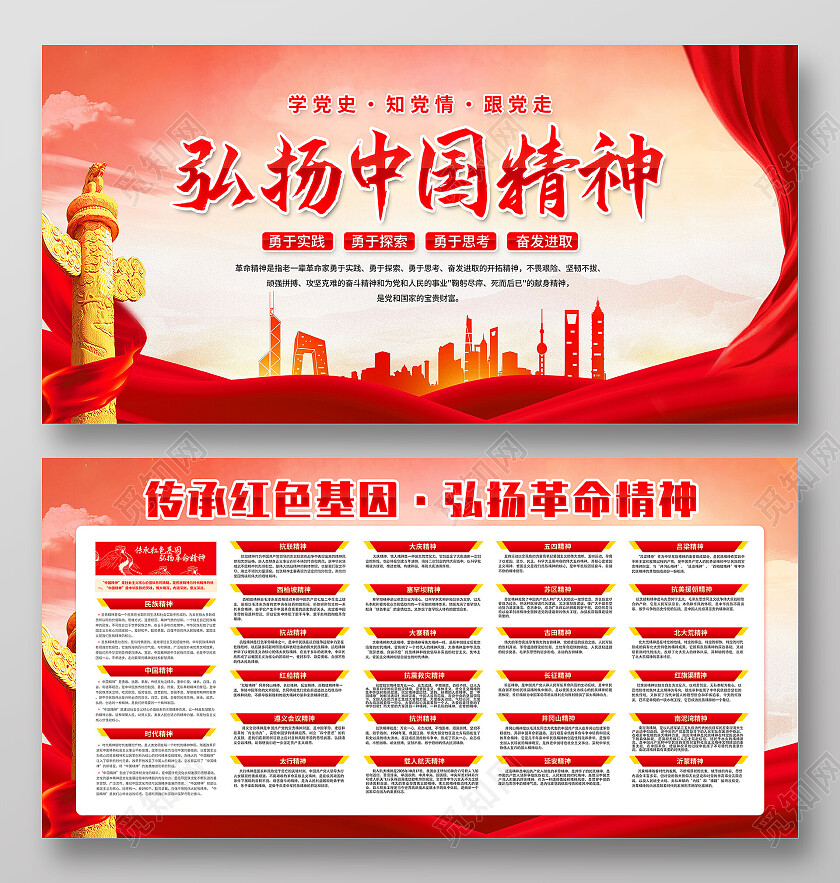红色大气弘扬中国精神精神谱系党建展板党政党建