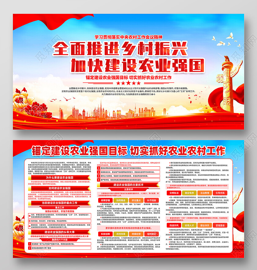 红色大气全面推进乡村振兴加快建设农业强国党建展板党政党建