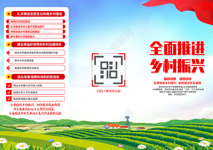 蓝色简约全面推进乡村振兴中央一号文件三农三折页党政党建