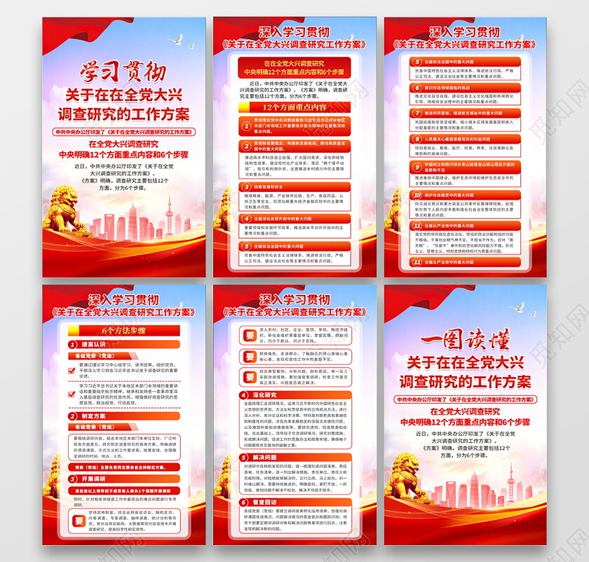 蓝色渐变简约大气在全党大兴调查研究的工作方案套图文案海报 大兴调查研究之风