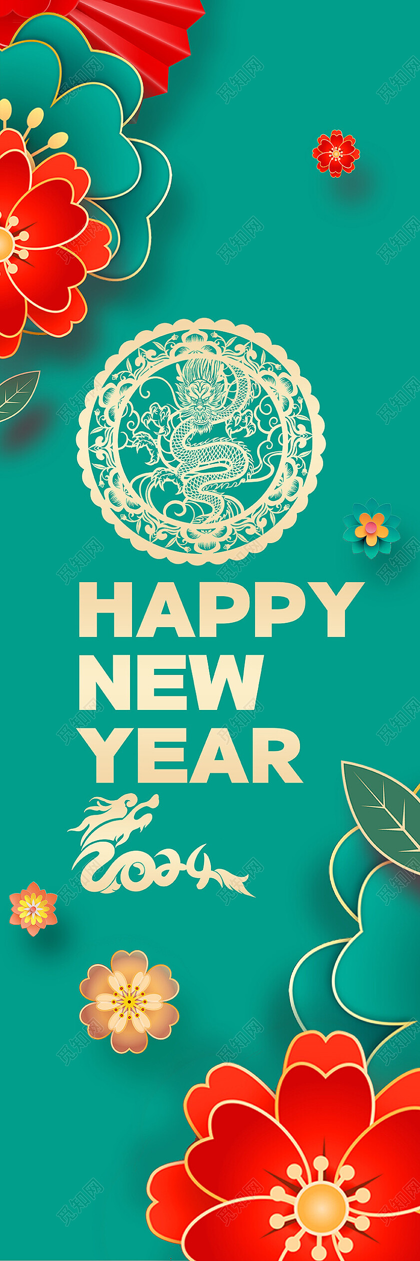 红色喜庆2024龙年新年春节挂画吊旗展板设计新年龙年