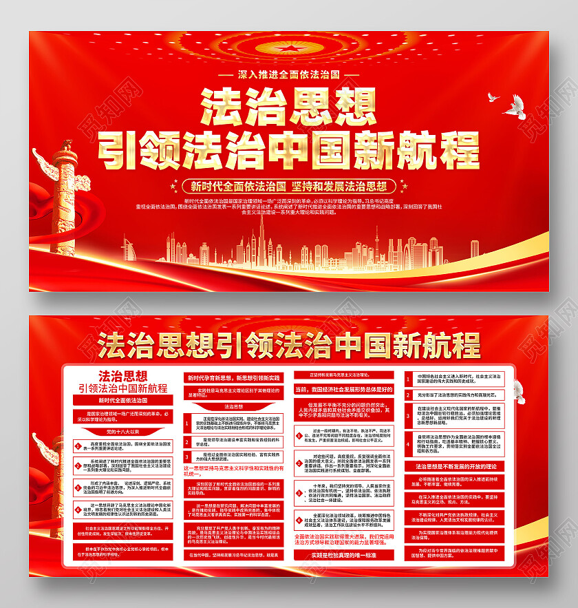 红色简约法制思想依法治国法制思想学习纲要展板党政党建