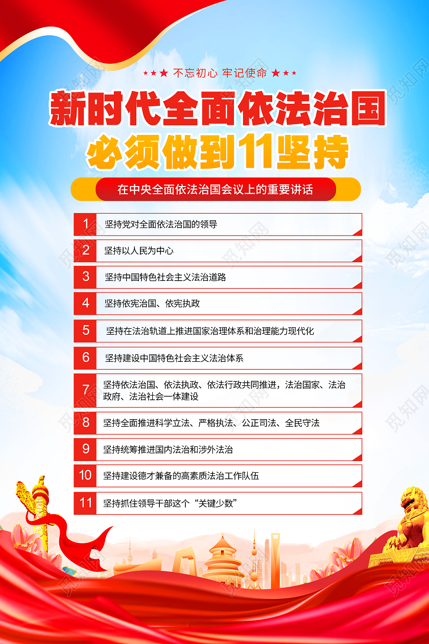 红色简约法制思想依法治国法制思想学习纲要11个坚持海报党政党建
